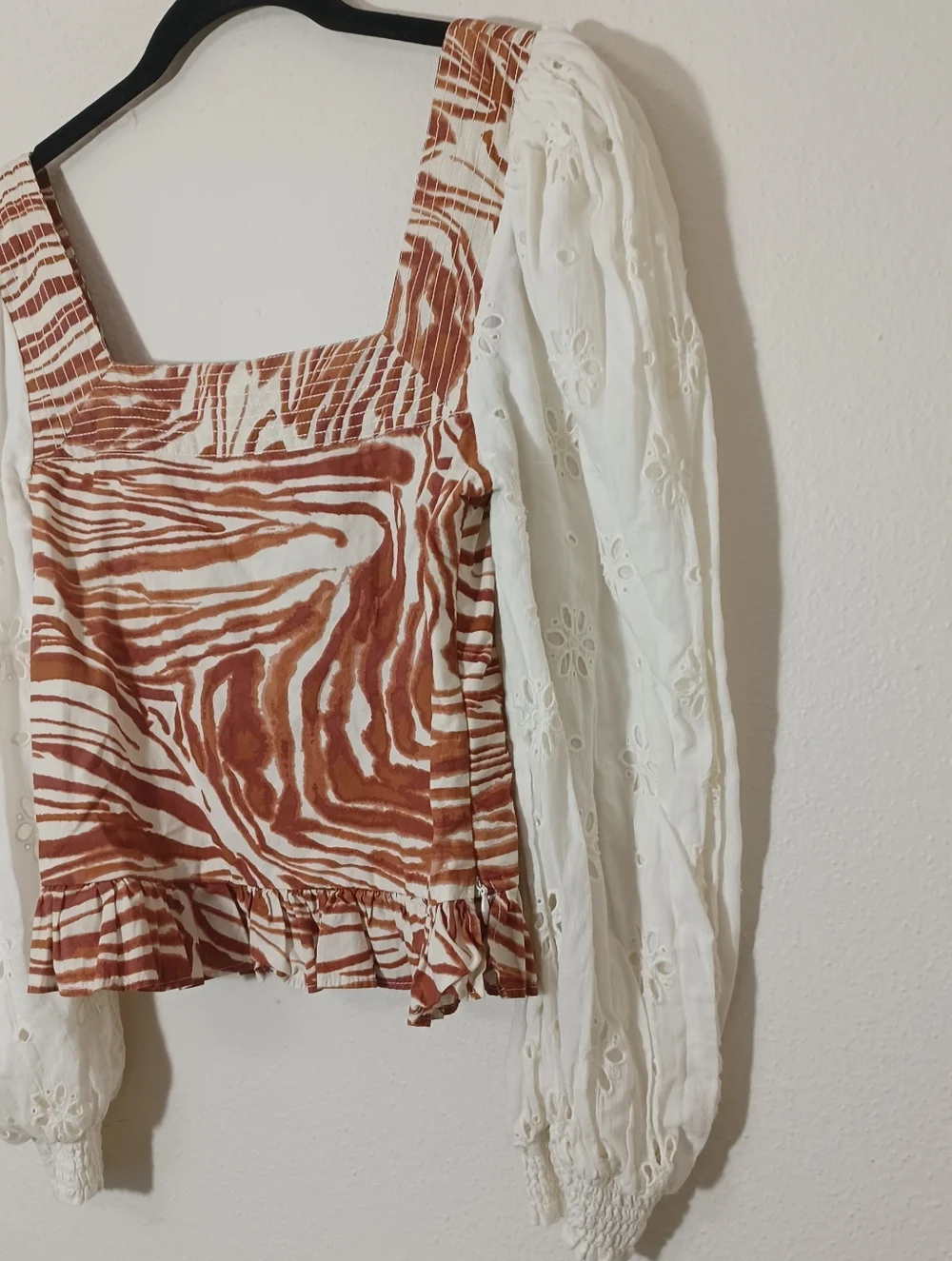 Anthropologie Love the Label Smocked Eyelet Puff Sleeve Blouse Zebra Print